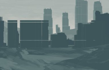 2d illüstrasyon. Gökdelen şehir metropol. Dijital sanat. El yapımı dijital boyama.