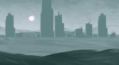 2d illüstrasyon. Gökdelen şehir metropol. Dijital sanat. El yapımı dijital boyama.