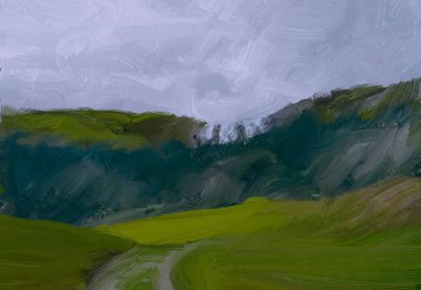 2d illüstrasyon. Yağlıboya manzara sanatı. Kırsal dağlık bölge. Renkli yeşil alan ve çimen. Yaz zamanı. Kırsal.