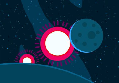 2d illüstrasyon. Karikatür stil boşluk resmi çizin. Derin geniş alan. Yıldızlar, gezegenler ve uydular. Çeşitli bilim kurgu yaratıcı fon. Uzay sanatı. Uzaylı güneş sistemleri. Gezegenler ve Uydular.