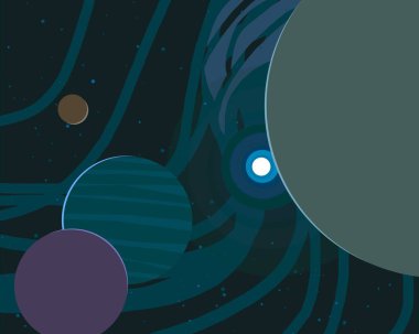 2D çizim. Çizgi film arkaplan resmi. Derin geniş uzay. Yıldızlar, gezegenler ve uydular. Çeşitli bilim kurgu yaratıcı arka planlar. Uzay sanatı. Yabancı güneş sistemleri. Gezegenler ve uydular..