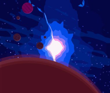 2d illüstrasyon. Karikatür cosmos arka plan görüntüsü. Derin yıldızlararası uzay. Yıldızlar, gezegenler ve uydular. Çeşitli bilim kurgu yaratıcı fon. Uzay sanatı. Hayali kozmik fon.