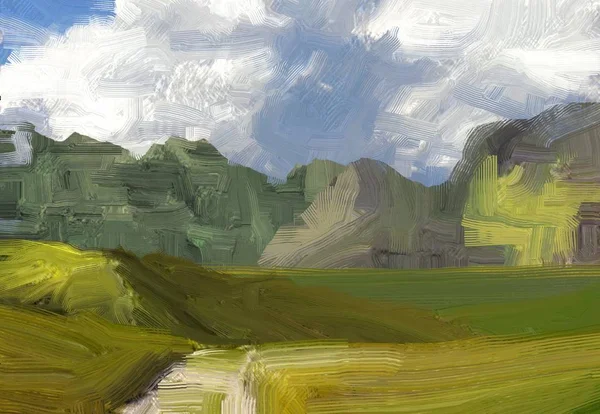 Colorato Campo Campagna Verde Erba Ora Legale Illustrazione Pittura Olio — Foto Stock