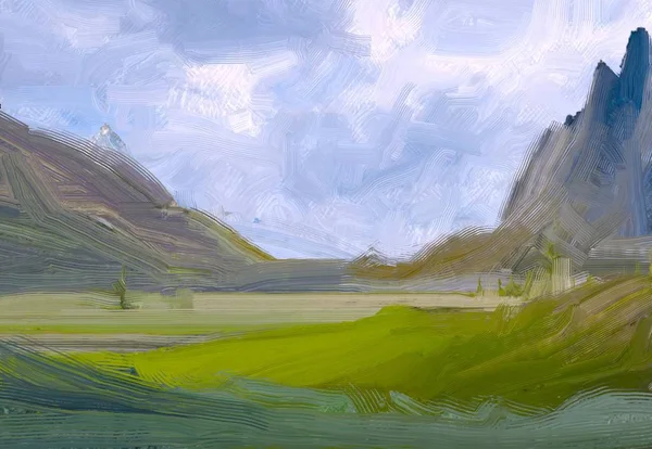 Illustration Oil Painting Landscape Art Rural Mountain Region Colorful Green — Stock Photo, Image