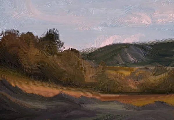 Illustrazione Pittura Olio Arte Paesaggistica Regione Rurale Montagna Campo Verde — Foto Stock