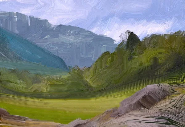 Illustration Peinture Huile Paysage Art Région Montagneuse Rurale Champ Vert — Photo