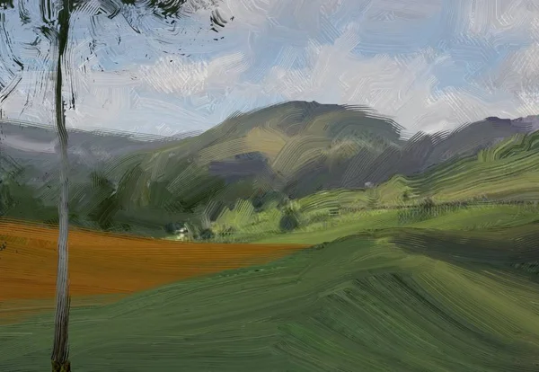 Campo Rural Verde Colorido Grama Hora Verão Ilustração Pintura Óleo — Fotografia de Stock