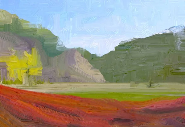 Illustration Oil Painting Landscape Art Rural Mountain Region Colorful Green — Stock Photo, Image