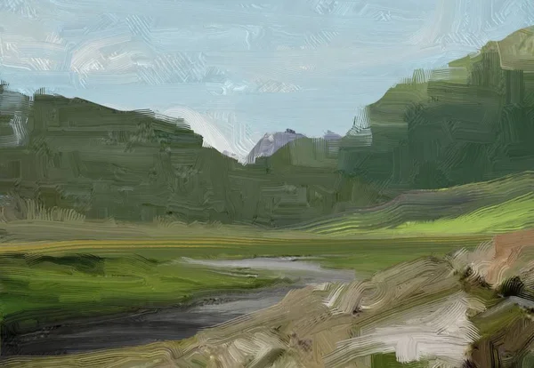 Colorato Campo Campagna Verde Erba Ora Legale Illustrazione Pittura Olio — Foto Stock