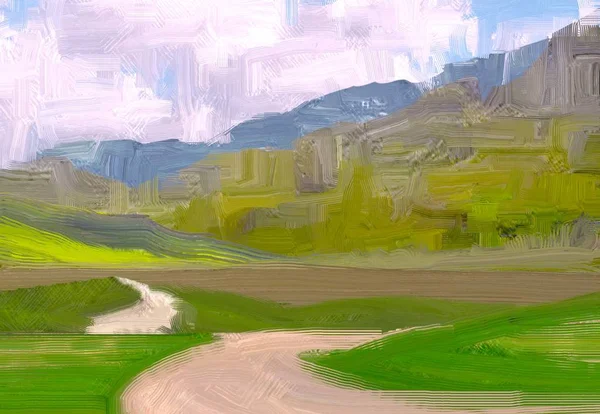 Illustrazione Pittura Olio Arte Paesaggistica Regione Rurale Montagna Campo Verde — Foto Stock