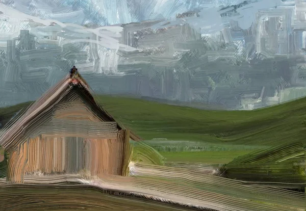 Ilustração Pintura Óleo Arte Paisagem Região Montanhosa Rural Campo Rural — Fotografia de Stock