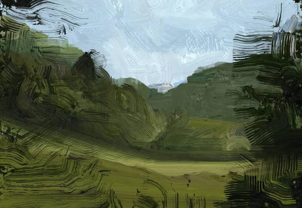Цветные Зеленые Поля Трава Летнее Время Иллюстрация Живопись Маслом Сельская — стоковое фото