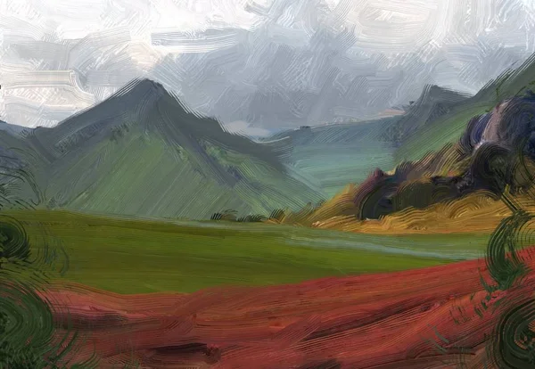 Colorato Campo Campagna Verde Erba Ora Legale Illustrazione Pittura Olio — Foto Stock