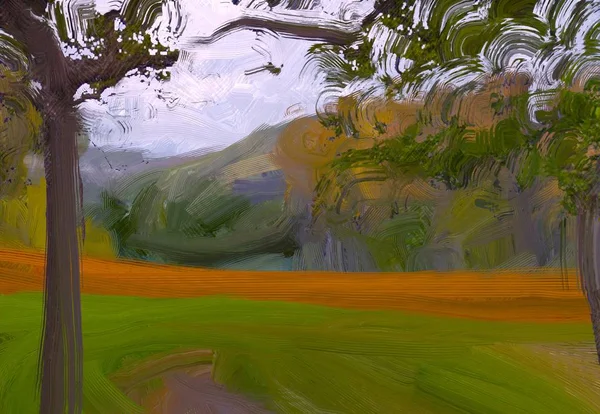 Illustrazione Pittura Olio Arte Paesaggistica Regione Rurale Montagna Campo Verde — Foto Stock