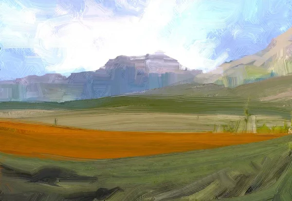 Illustrazione Pittura Olio Arte Paesaggistica Regione Rurale Montagna Campo Verde — Foto Stock