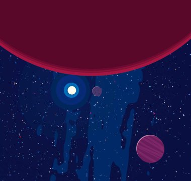 2d illüstrasyon. Karikatür uzay arka plan resmi. Derin geniş alan. Yıldızlar, gezegenler ve uydular. Çeşitli bilim kurgu yaratıcı fon. Uzay sanatı. Yabancı gezegenler.