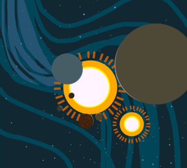2d illüstrasyon. Karikatür cosmos arka plan görüntüsü. Derin yıldızlararası uzay. Yıldızlar, gezegenler ve uydular. Çeşitli bilim kurgu yaratıcı fon. Uzay sanatı.
