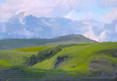 2d illüstrasyon. Yağlıboya manzara sanatı. Kırsal dağlık bölge. Renkli yeşil alan ve çimen. Yaz zamanı. Kırsal.