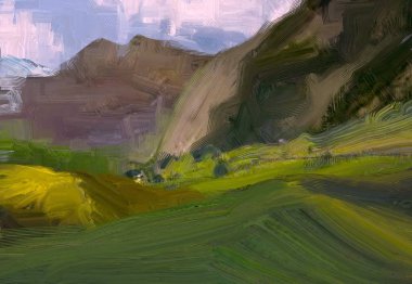 2d illüstrasyon. Yağlıboya manzara sanatı. Kırsal dağlık bölge. Renkli yeşil alan ve çimen. Yaz zamanı. Kırsal.