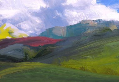 2d illüstrasyon. Yağlıboya manzara sanatı. Kırsal dağlık bölge. Renkli yeşil alan ve çimen. Yaz zamanı. Kırsal.