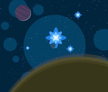 2d illüstrasyon. Karikatür uzay arka plan resmi. Derin geniş alan. Yıldızlar, gezegenler ve uydular. Çeşitli bilim kurgu yaratıcı fon. Uzay sanatı. Yabancı gezegenler.