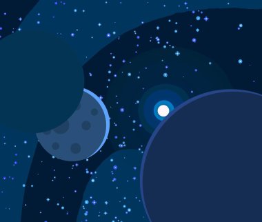 2d illüstrasyon. Karikatür uzay arka plan resmi. Derin geniş alan. Yıldızlar, gezegenler ve uydular. Çeşitli bilim kurgu yaratıcı fon. Uzay sanatı. Yabancı gezegenler.