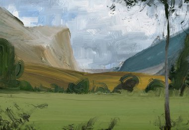 Renkli yeşil kırsal alan ve çim. Yaz zamanı. 2d illüstrasyon. Yağlıboya manzara sanatı. Kırsal dağlık bölge.