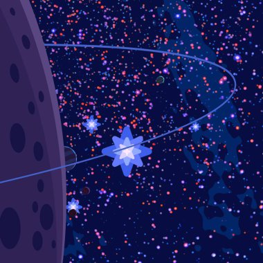 2d illüstrasyon. Karikatür çizmek tarzı. Derin yıldızlararası uzay. Yıldızlar, gezegenler ve uydular. Çeşitli bilim kurgu yaratıcı fon. Uzay sanatı. Hayali kozmik arka plan. Gezegenler ve Uydular.