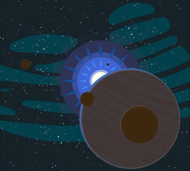 2d illüstrasyon. Karikatür uzay arka plan resmi. Derin geniş alan. Yıldızlar, gezegenler ve uydular. Çeşitli bilim kurgu yaratıcı fon. Uzay sanatı. Yabancı gezegenler.