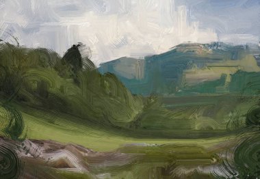 Renkli yeşil kırsal alan ve çim. Yaz zamanı. 2d illüstrasyon. Yağlıboya manzara sanatı. Kırsal dağlık bölge.