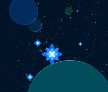 2d illüstrasyon. Karikatür uzay arka plan resmi. Derin geniş alan. Yıldızlar, gezegenler ve uydular. Çeşitli bilim kurgu yaratıcı fon. Uzay sanatı. Yabancı gezegenler.