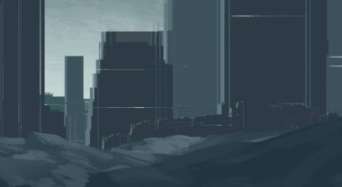 2d illüstrasyon. Gökdelen şehir metropol. Dijital sanat. El yapımı dijital boyama. 