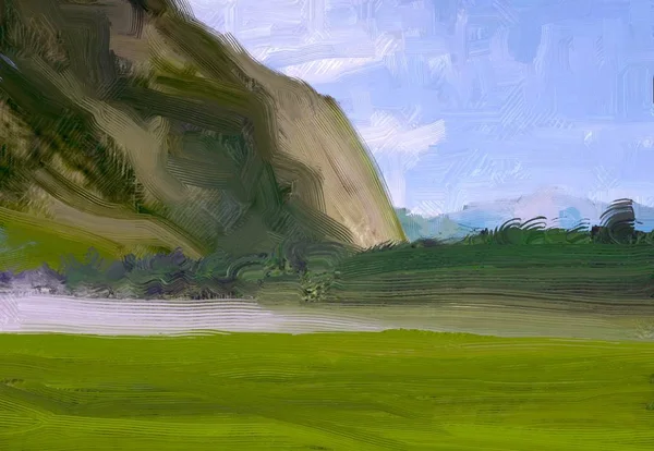 Ilustração Pintura Óleo Arte Paisagem Região Montanhosa Rural Campo Verde — Fotografia de Stock