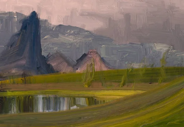 Abbildung Ölgemälde Landschaftskunst Ländliche Bergregion Farbenfrohe Grüne Landschaft Feld Und — Stockfoto