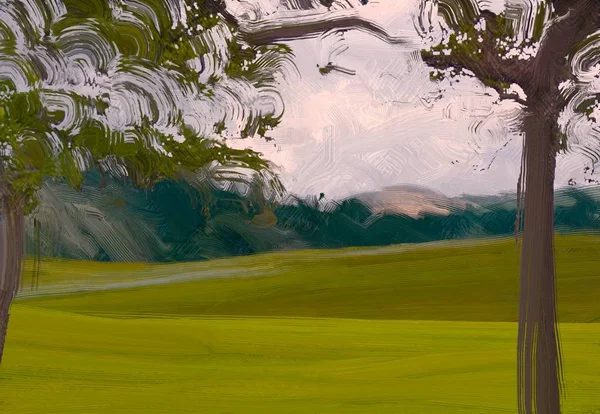 2d illustration. Oil painting landscape art. Rural mountain region. Colorful green field and grass. Summer time. Countryside.