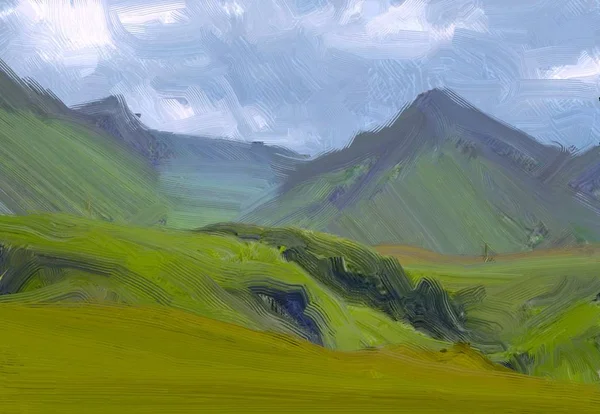 Ilustração Pintura Óleo Arte Paisagem Região Montanhosa Rural Campo Verde — Fotografia de Stock