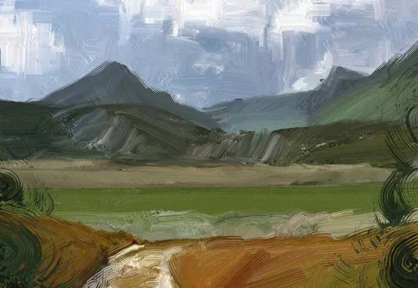 Colorato Campo Campagna Verde Erba Ora Legale Illustrazione Pittura Olio — Foto Stock