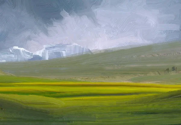 Illustrazione Pittura Olio Arte Paesaggistica Regione Rurale Montagna Campo Verde — Foto Stock