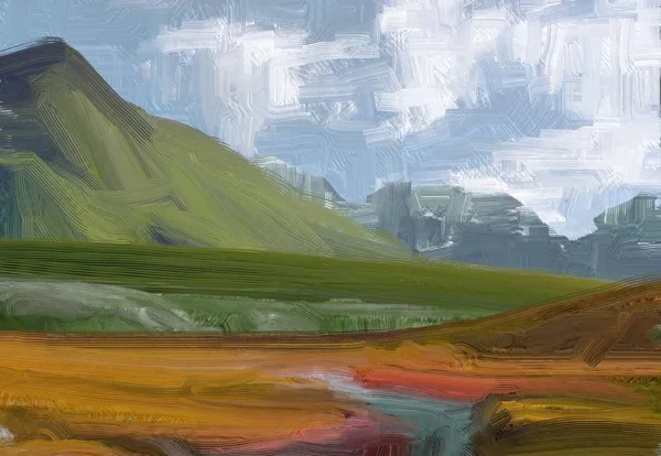 Colorato Campo Campagna Verde Erba Ora Legale Illustrazione Pittura Olio — Foto Stock