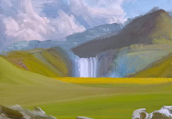 Ilustração Pintura Óleo Arte Paisagem Região Montanhosa Rural Campo Verde — Fotografia de Stock