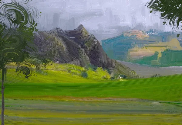 Иллюстрация Живопись Маслом Сельская Горная Область Цветные Зеленое Поле Трава — стоковое фото