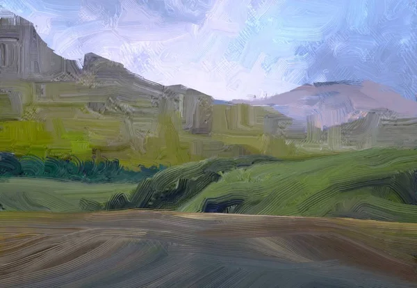 Illustration Peinture Huile Paysage Art Région Montagneuse Rurale Champ Vert — Photo