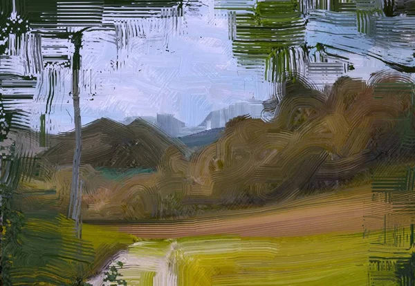 Ilustração Pintura Óleo Arte Paisagem Região Montanhosa Rural Campo Verde — Fotografia de Stock