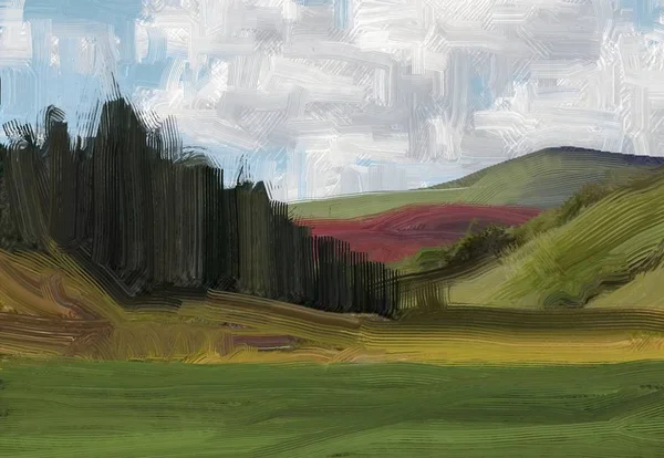 Kleurrijke Groene Platteland Veld Gras Zomertijd Illustratie Olieverfschilderij Landschapskunst Landelijk — Stockfoto