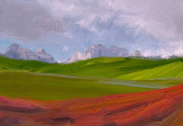 Ilustração Pintura Óleo Arte Paisagem Região Montanhosa Rural Campo Verde — Fotografia de Stock