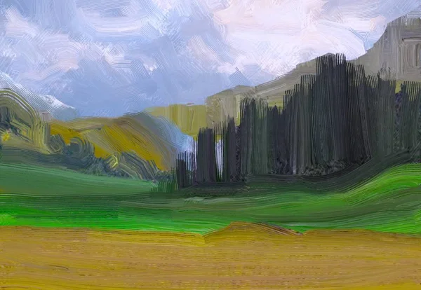 Illustrazione Pittura Olio Arte Paesaggistica Regione Rurale Montagna Campo Verde — Foto Stock