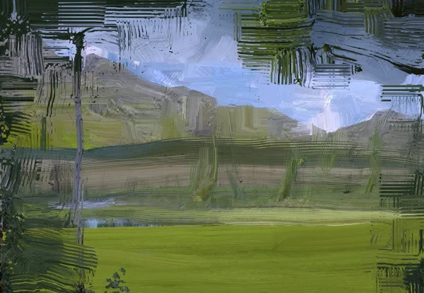 Illustrazione Pittura Olio Arte Paesaggistica Regione Rurale Montagna Campo Verde — Foto Stock