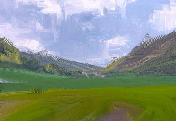 Illustrazione Pittura Olio Arte Paesaggistica Regione Rurale Montagna Campo Verde — Foto Stock