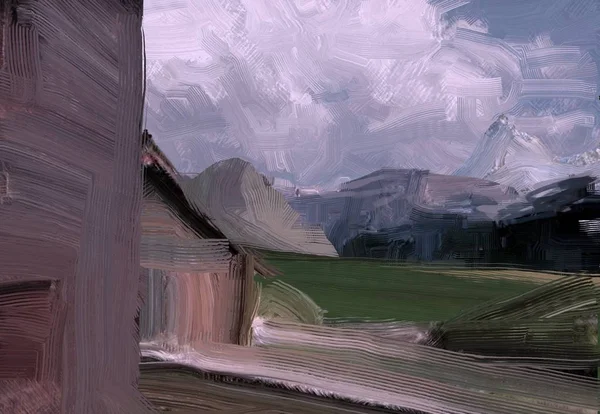 Illustrazione Pittura Olio Arte Paesaggistica Regione Rurale Montagna Campo Verde — Foto Stock