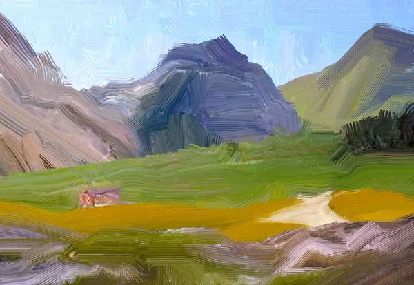 Ilustración Pintura Óleo Arte Paisajístico Región Montañosa Rural Campo Verde — Foto de Stock